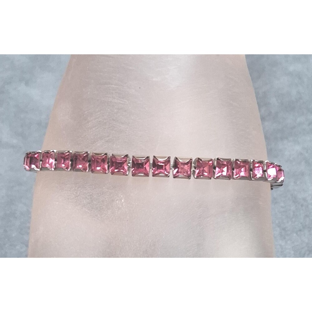 Vintage Pink Rhinestone Tennis Bracelet Square Stones